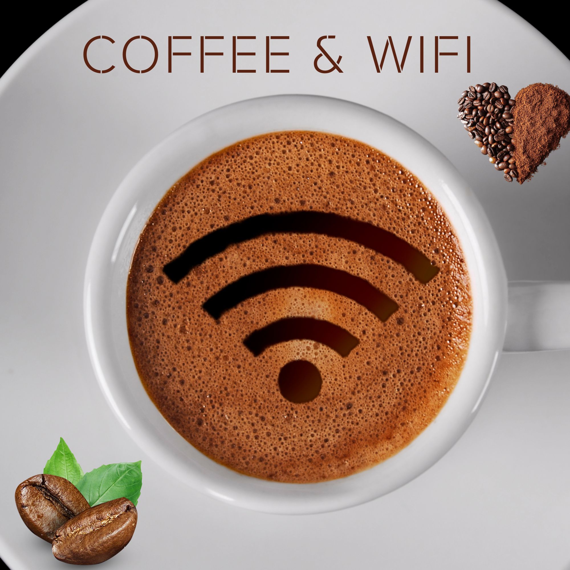 Cup of Coffee with Wifi icon in the foam, on a saucer with coffee beans in a heart shape